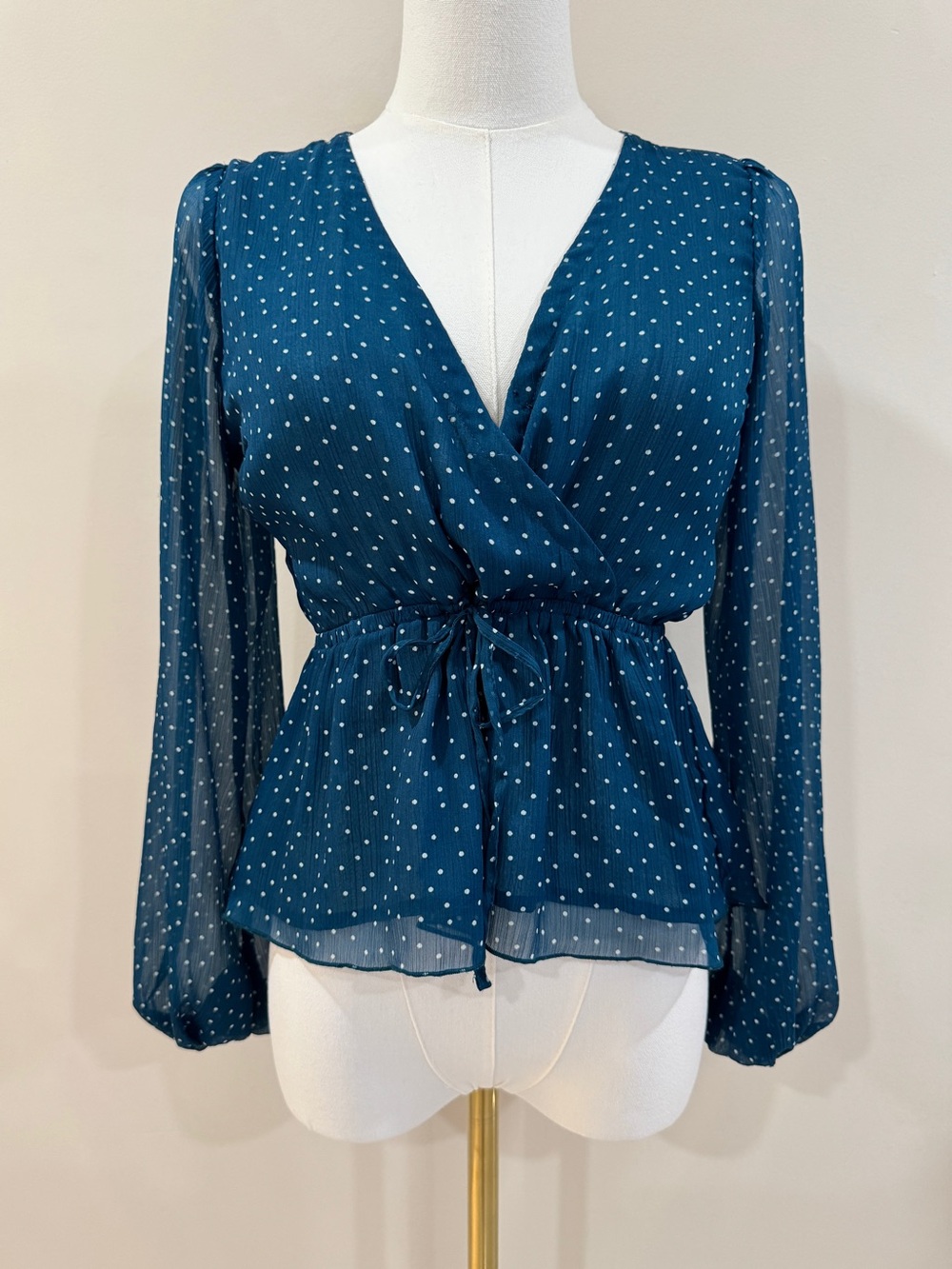 Abercrombie & Fitch Teal Polka Dot Sheer Sleeve Peplum Blouse XS
